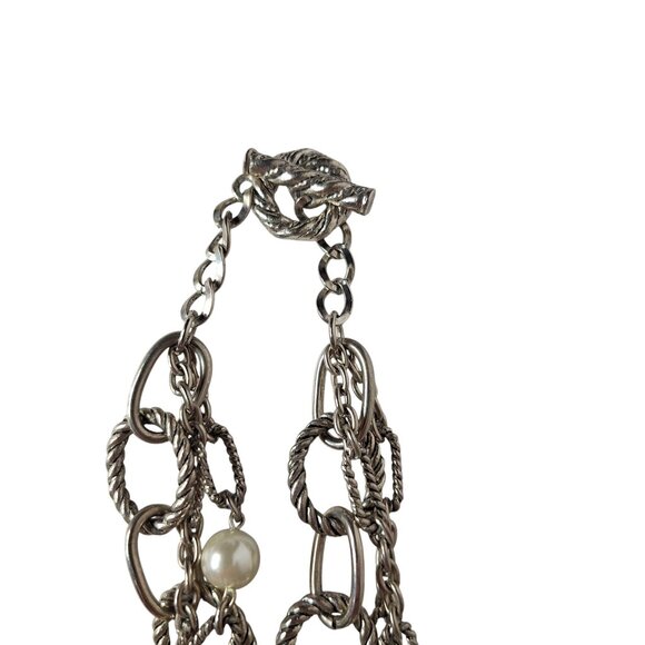 Vtg Multi-Strand Silver Chain & Pearl Statement Necklace Layered Elegant Jewelry - Picture 3 of 4